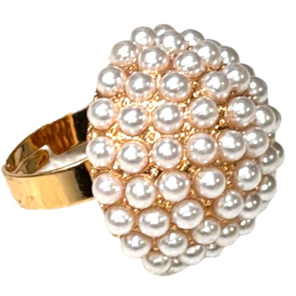 NWT Gold Tone Faux Pearl Cluster Statement Ring Adjustable Large Dome Cocktail